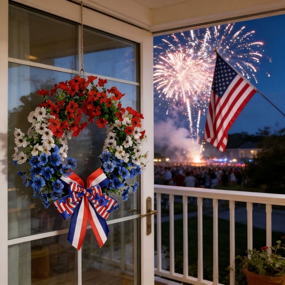 4th of July Patriotic Candle Holder Wreath, Realistic Faux Floral Front Door Wreath with Central Heat-Resistant Candle Base, Detachable Festive Tabletop Window Porch Decor for Independence Day