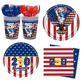 4th of July Patriotic Decorations, 169PCS 250th American Flag Tableware for 24 Guests. Disposable plates, napkins, cups & cutlery, ideal for Independence Day and Memorial Day parties.