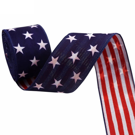 4th of July Patriotic Decorations Double Sided Faux Linen Ribbon,Fade Resistant Star Stripe Wired Ribbon for DIY Bow Wreath Gift Wrapping Craft Patriotic Decor 5 Yards