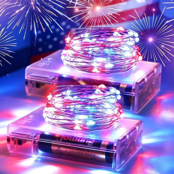 4th of July Patriotic Decorations, Red White Blue Fairy String Lights, Battery Operated with Timer, 2 Pack Total 33FT 100 Led Mini Powered Mason Jar Firefly Lights DIY Party Memorial Day
