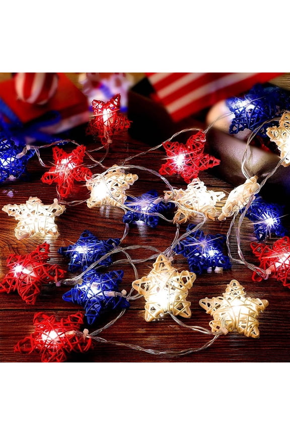 4th of July Patriotic Decorations Red White and Blue Star Lights, 5FT 10 LED Hollowed Rattan Big Star String Light Battery Operated, Fourth of July Party Decor Independence Day Memorial Day