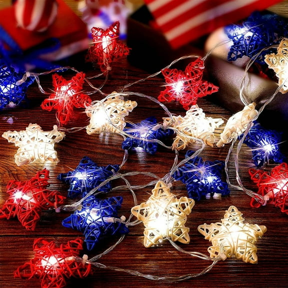 4th of July Patriotic Decorations Red White and Blue Star Lights, 5FT 10 LED Hollowed Rattan Big Star String Light Battery Operated, Fourth of July Party Decor Independence Day Memorial Day