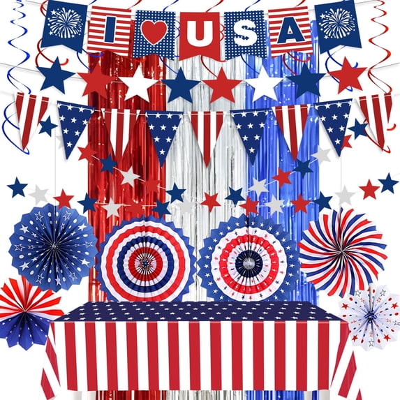 4th of July Patriotic Decorations Set - Red White Blue Hanging Paper Fans, Pom Poms, Star Streamers, and Swirls for Independence Day, Memorial Day, Veterans Day Party Supplies (A)