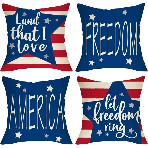 4th of July Patriotic Decorative Throw Pillow Cover 18 x 18 Set of 4, America Let Freedom Ring Stars Stripes Porch Outdoor Home Decor, American USA Land That I Love Couch Sofa Cushion Case