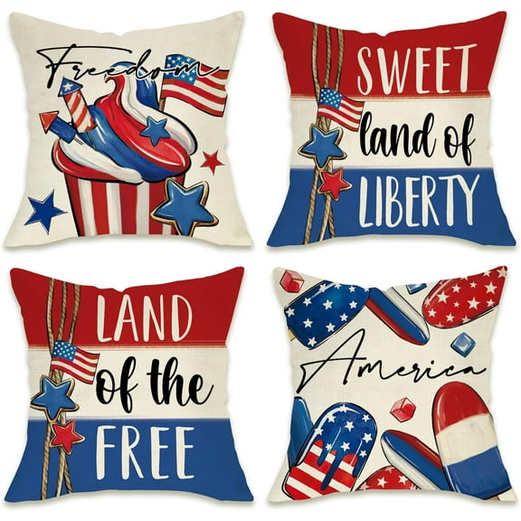 4th of July Patriotic Decorative Throw Pillow Covers 16 x 16 Set of 4, Cupcake Popsicles Freedom America Land of The Free Liberty Outdoor Pillowcase, USA Sweet Summer Cushion Case Home Decor
