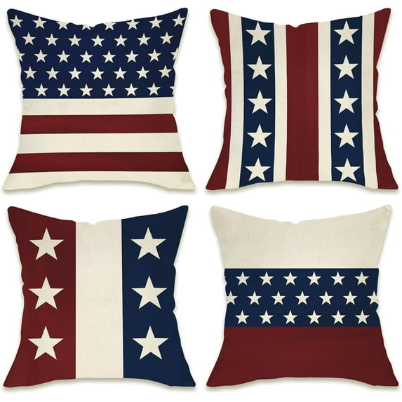 4th of July Patriotic Decorative Throw Pillow Covers 16x16 Set of 4, America USA Rustic Red White Blue Stripes Stars Outdoor Pillowcase, American Independence Day Cushion Case Home Decor