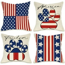 4th of July Patriotic Decorative Throw Pillow Covers 18 x 18 Set of 4, America USA Freedom Paw Print Outdoor Pillowcase, American Blue Red White Stripes Stars Cushion Case Home Decor
