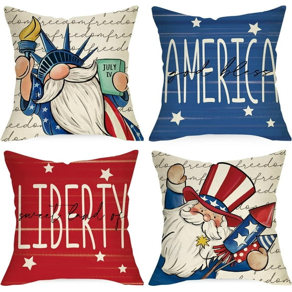 4th of July Patriotic Decorative Throw Pillow Covers 18x18 Set of 4, The Statue of Liberty Gnome Uncle Sam God Bless America Cushion Case Decor, Red Blue Sweet Land American USA Home Decoration