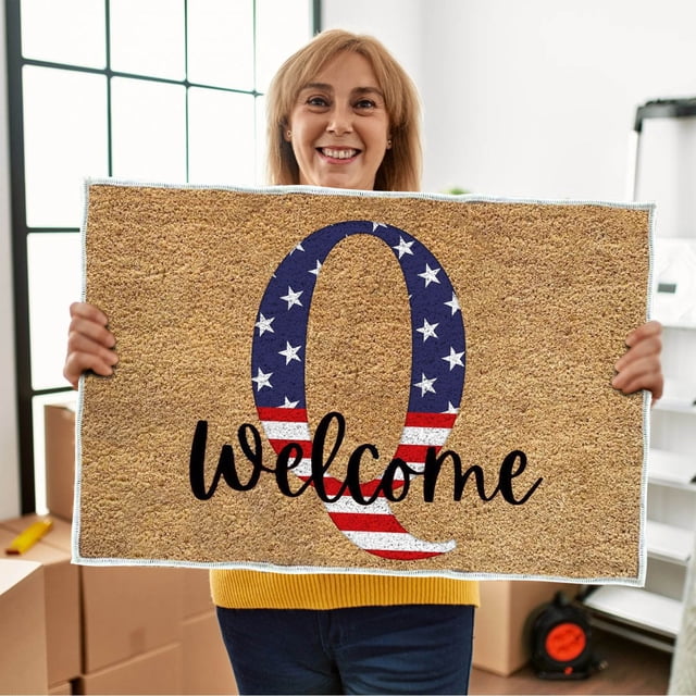 4th of July Patriotic Door Mat,America 250th Anniversary Doormat,Red White Blue Stripe Welcome Rug,Independence Day Welcome Mat for Outside Porch Front Decor