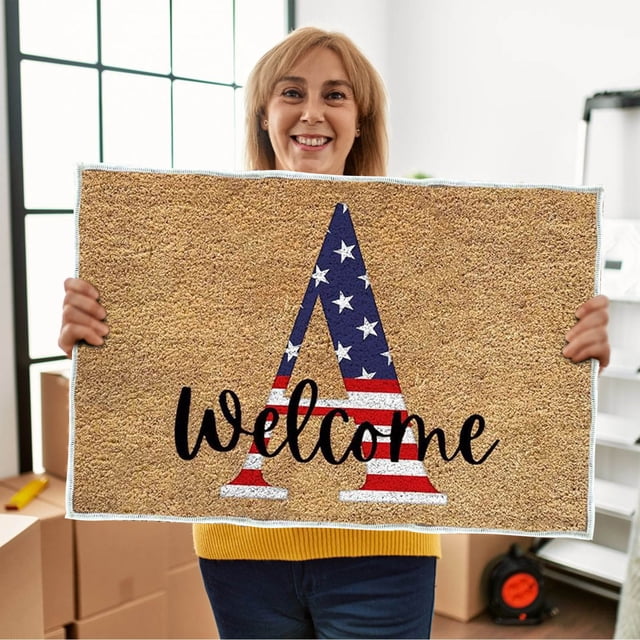 4th of July Patriotic Door Mat,America 250th Anniversary Doormat,Red White Blue Stripe Welcome Rug,Independence Day Welcome Mat for Outside Porch Front Decor