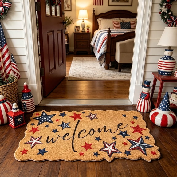4th of July Patriotic Door Mat Outdoor Memorial Day Welcome Front Door Mat Layered Red White Blue Stars Stripes Entryway Rug Non Slip 250th Anniversary Decor for Front Porch Outside 16x24in