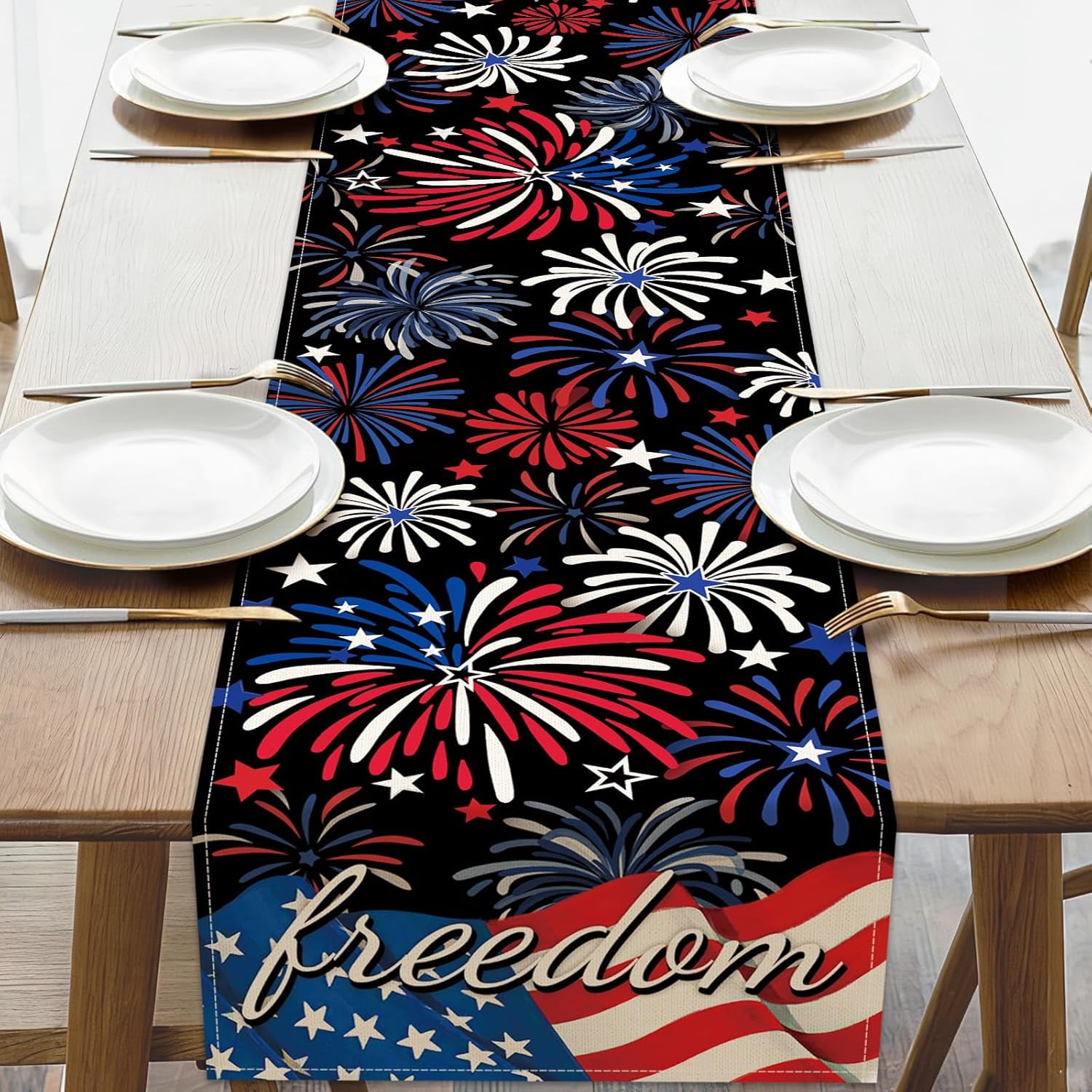 4th of July Patriotic Fireworks Dining Table Runner, America Freedom ...