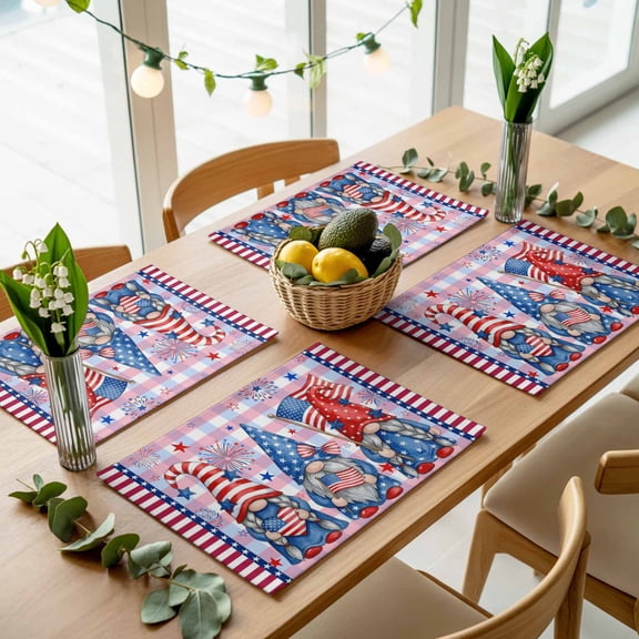 4th of July Patriotic Flag Gnome Placemats Set of 4,Wipeable Washable Table Mats for Dining Tables, Stars and Stripes Freedom Place Mats for Kitchen Event Party Tabletop Decor