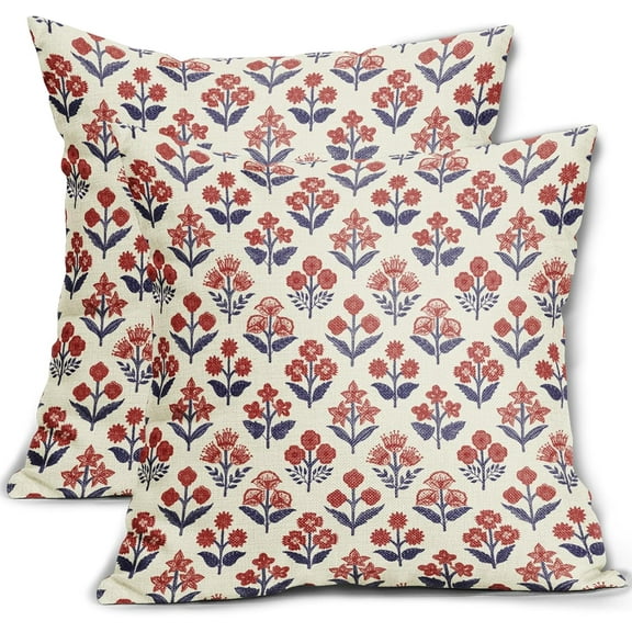 4th of July Patriotic Floral Block Print Pillow Covers 18x18 Inch Set of 2, Navy Blue Red Vintage Flower Decorative Throw Pillowcases Outdoor Memorial Day Cushion Covers Holiday Sofa Couch Bed Decor
