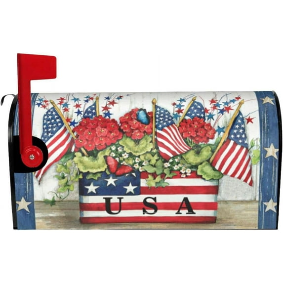 4th of July Patriotic Flower Basket Mailbox Cover, Independence Day Magnetic Mailbox Cover, 21x18 Inch USA Floral American Flag Stars Stripes Decorative Standard Size Mailbox Post Cover