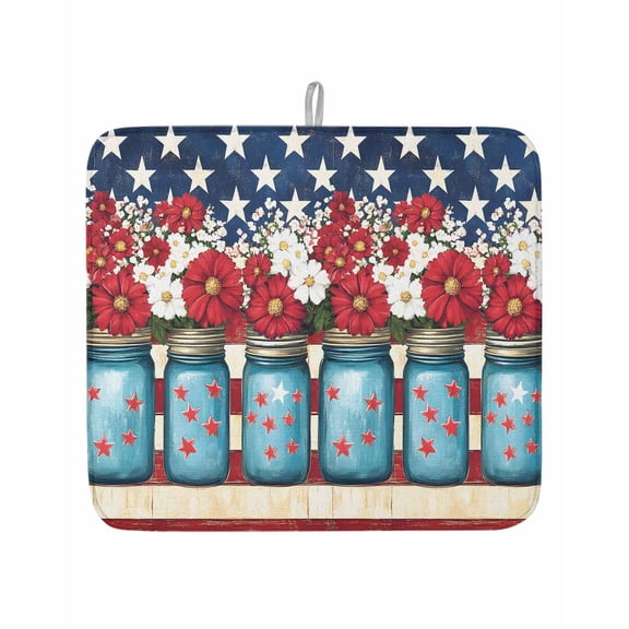 4th of July Patriotic Flower Bottle on Wood Dish Drying Mats for Kitchen Counter,Absorbent Microfiber Dish Drainer Rack Mat American Flag Theme Drying Pad for Sinks,Utensils,Countertops,16x18in