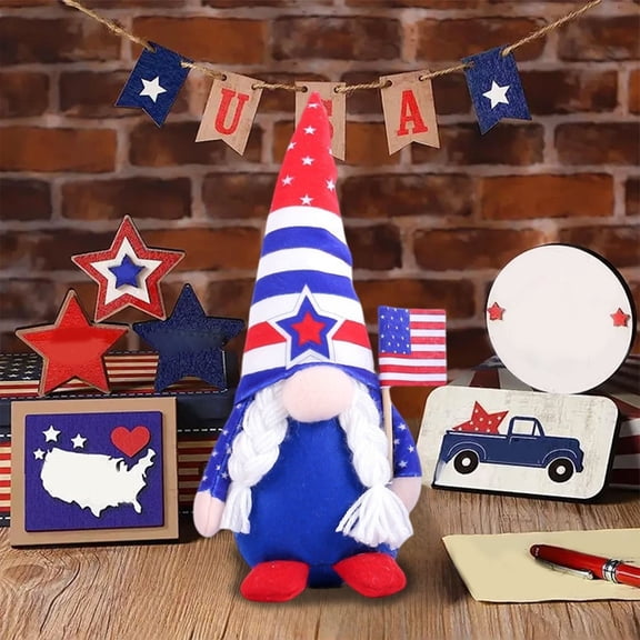 4th of July Patriotic Gnome Figurine, Red White Blue Striped Tomte Plush, Independence Day Decor for Home Tabletop & Party, American Flag Themed Ornament