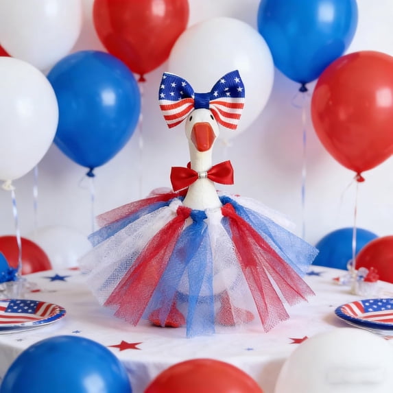 4th of July Patriotic Goose Outfit for 7" Statue, Red White Blue Tulle Dress with American Flag Bow & Neck Bow, Independence Day Costume for Small Lawn Goose Figurine, Mini Desk Garden Yard Decor