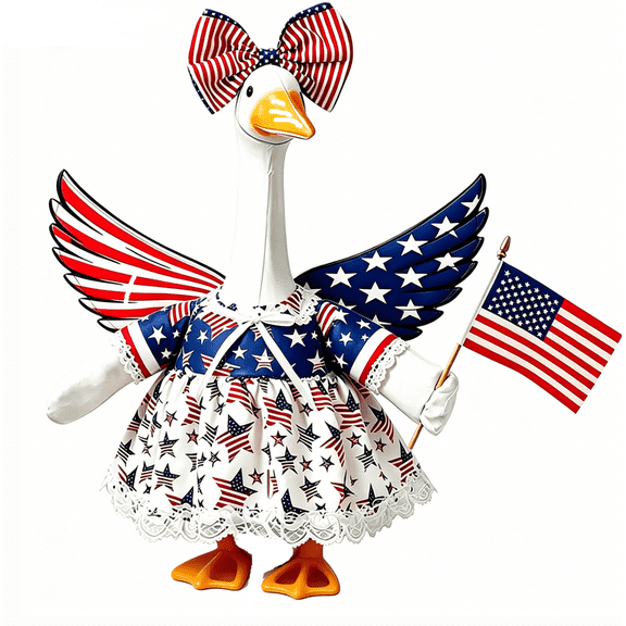 4th of July Patriotic Goose Outfit Set, Star Print Dress with Lace Trim, American Flag Wings & Bow, Independence Day Costume for Porch Goose Statue, 250th Anniversary Outdoor Yard Decor