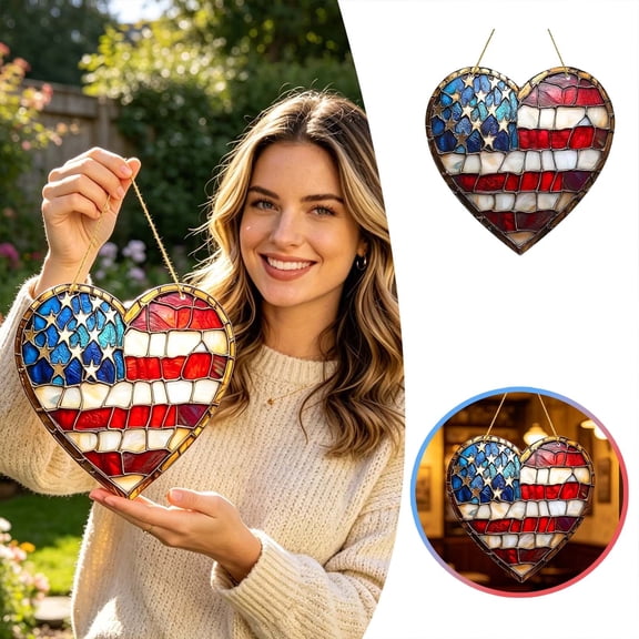 4th of July Patriotic Heart Suncatcher Ornament, 8" Stained Glass Style Hanging, American Flag Design, Acrylic, for Independence Day Window Home Decor