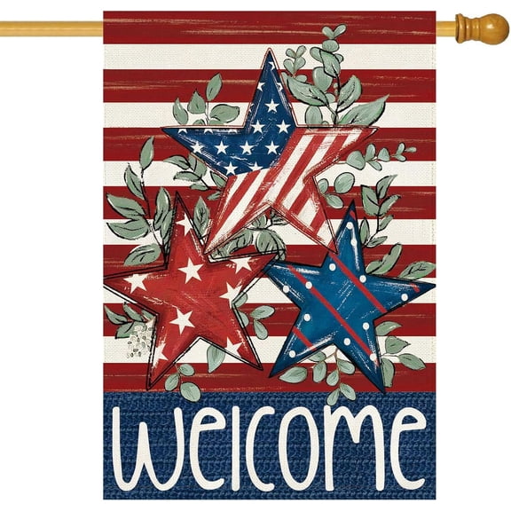 4th of July Patriotic House Flag 28 x 40 Inch Double Sided Burlap Memorial Day Welcome American Stars and Stripes Large Yard Flag Holiday Farmhouse Seasonal Outdoor Outside Decoration