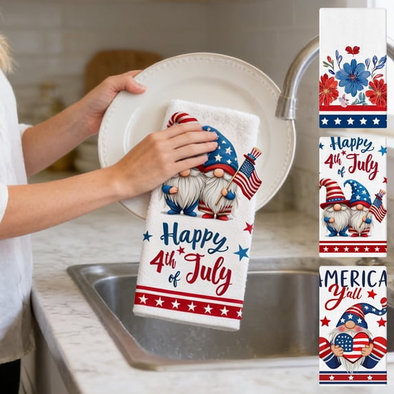 4th of July Patriotic Kitchen Tea Towel, Ultra Absorbent Durable Towel, Great for Cooking, Baking, Dishwashing & Red White Blue Home Holiday Decoration, Daily Kitchen Use, 24*16in, I