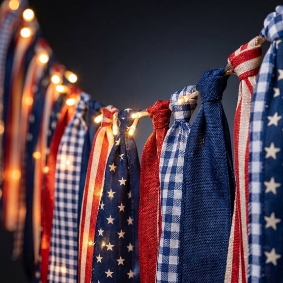 4th of July Patriotic Lighted Ribbon Garland,Red White Blue Star & Stripe Ribbon Banner,Ideal for Independence Day Party Backdrops and Yard Decor