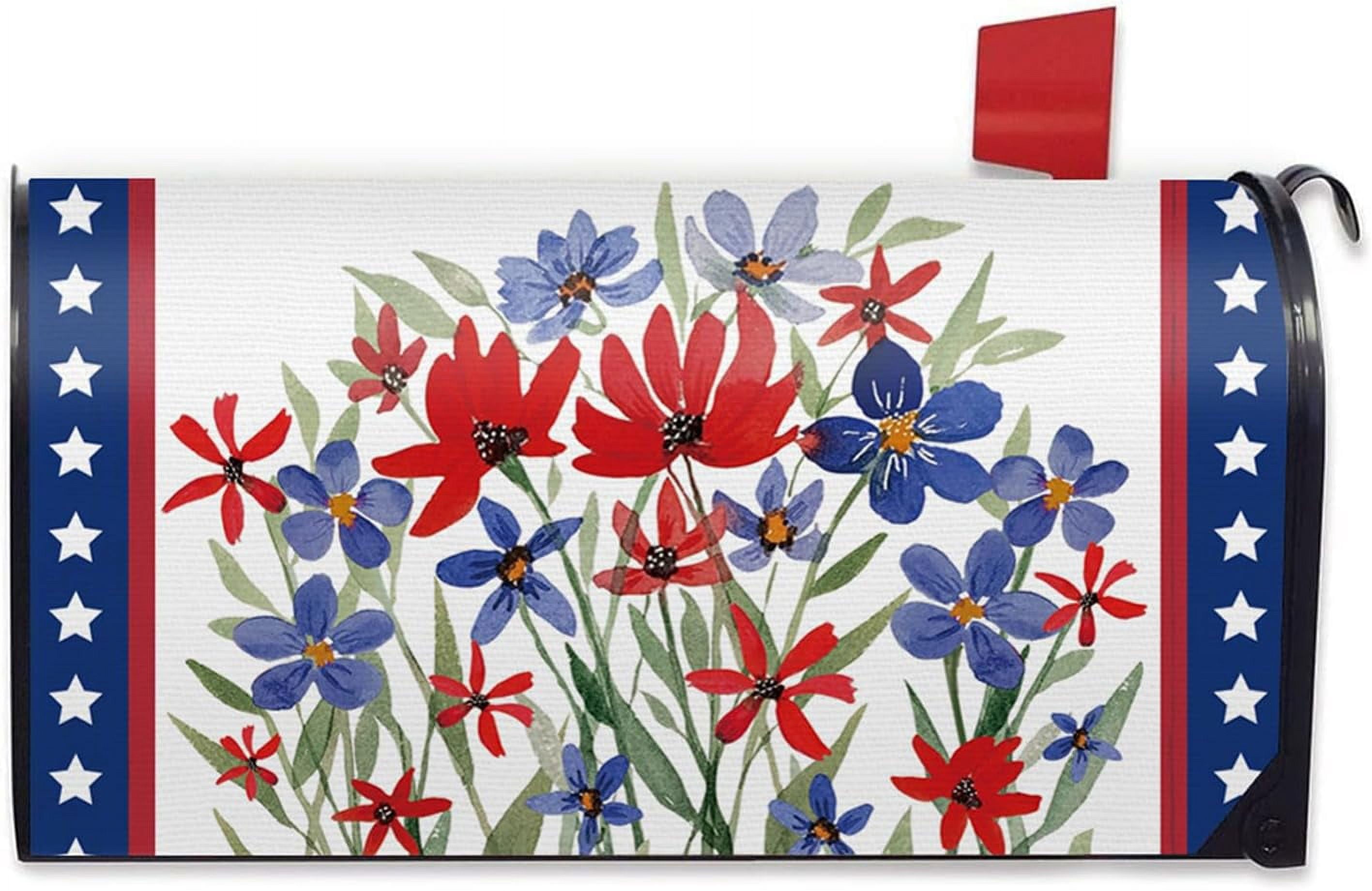 4th of July Patriotic Mailbox Cover Magnetic Standard Size 21"x19", America Wild Flower Floral Decorative Post Letter Box Wrap Decor, American USA Stars Farmhouse Garden Yard Outdoor Decoration