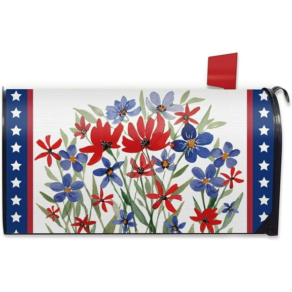 4th of July Patriotic Mailbox Cover Magnetic Standard Size 21"x19", America Wild Flower Floral Decorative Post Letter Box Wrap Decor, American USA Stars Farmhouse Garden Yard Outdoor Decoration