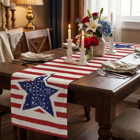 4th of July Patriotic Memorial Day Table Runner, Graffiti Style Red and White Striped Stars Kitchen Dining Table Decor, For Indoor Outdoor Home Party Decoration, 72" x 13"