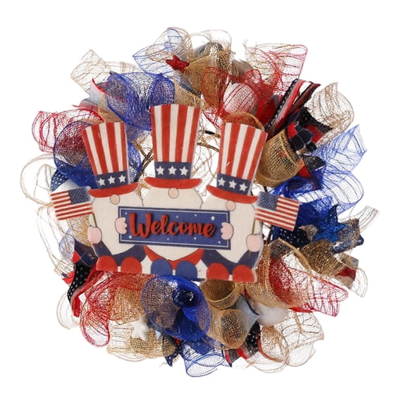 4th of July Patriotic Mesh Wreath, Red White Blue Uncle Sam Door Decor with "Welcome" Sign, 40cm Handmade Wreath for Front Door, Memorial Day, and Indoor/Outdoor Home Decor