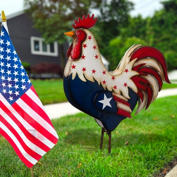 4th of July Patriotic Metal Rooster, USA Flag Shape Chicken Sculpture Decor, Independence Day White Red Blue Chicken Decor for Lawn Patio Backyard Stake Coop Kitchen on Clearance