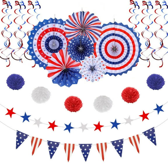 4th Of July Patriotic Party Decorations Set - American Flag Home Party Supplies Red White And Blue Strip Paper Fans Flags Star Streamers Veterans Independence Day Patriotic Set
