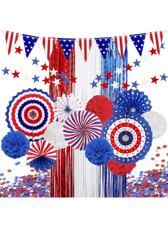 4th of July Patriotic Party Decorations Set, Paper Fans, USA Flag Pennant, Star Streamer, Streamer, Pom Poms Porsangen Swirls for Independence Day Party Supplies
