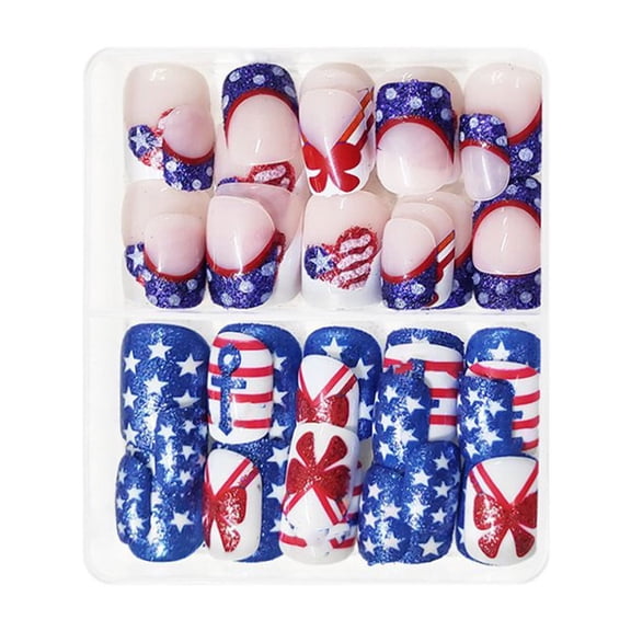 4th of July Patriotic Press On Nails, Short Glossy American Flag Glitter Fake Nails with Star & Stripe Design, Independence Day Stick On Nails for Women DIY Manicure