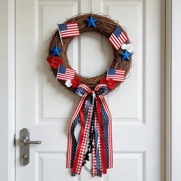 4th of July Patriotic Red White Blue Ribbon Bow, Wired Edge Decorative Hanging Bow with Loop, Reusable for Wreath Door Party Independence Day Home Decor