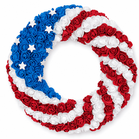 4th of July Patriotic Rose Wreath, American Flag Red White Blue Floral Front Door Decor with Stars, Independence Day Memorial Day Veterans Day Hanging Wreath for Porch Wall Indoor Covered Outdoor
