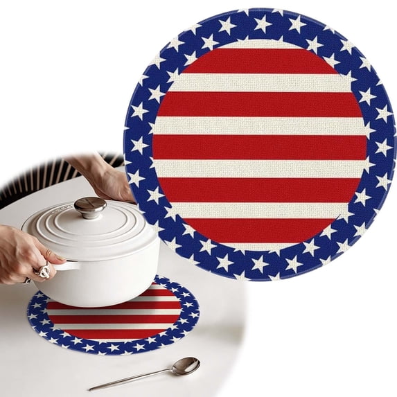 4th of July Patriotic Round Placemats,Red White Blue Floral & Star Printed Table Mats,Heat-Resistant Independence Day Decorative Coasters,Patriotic Table Linens for Dining,Parties & Outdoor Picnics