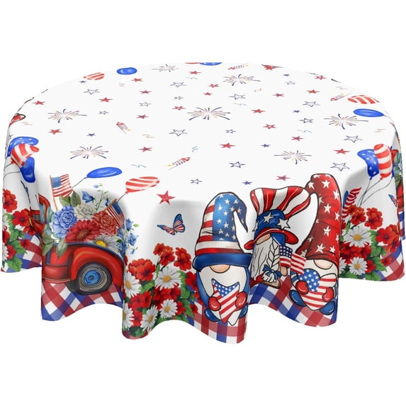4th of July Patriotic Round Tablecloth 60 Inch American Flag Red Truck Floral Gnome Table Cloth Independence Day Memorial Day Polyester Table Cover for Kitchen Dining Room Indoor Outdoor Home Decor