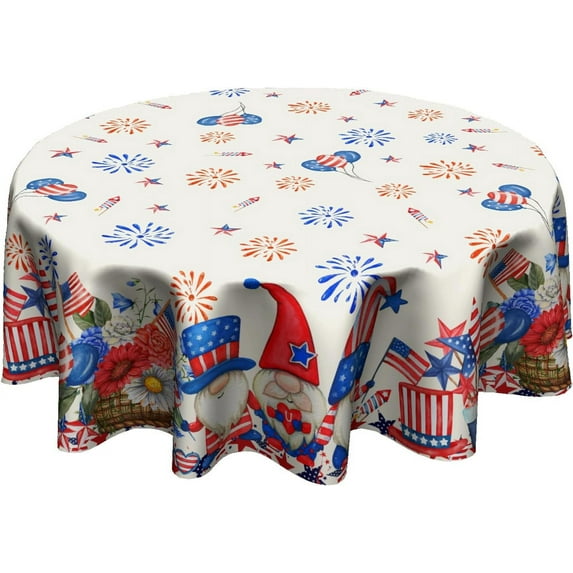 4th of July Patriotic Round Tablecloth American Flag Stars Fireworks Floral Table Cloths Independence Day Memorial Day Table Cover 60 Inch for Holiday Party Picnic Dinner Decor