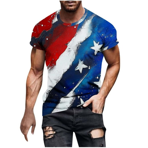 Men's 4th of July Patriotic Crew Neck T-Shirt - American Flag Print Short Sleeve Blouse, Red White Blue Stars Freedom Tee for Walking, Running & Independence Day Celebrations