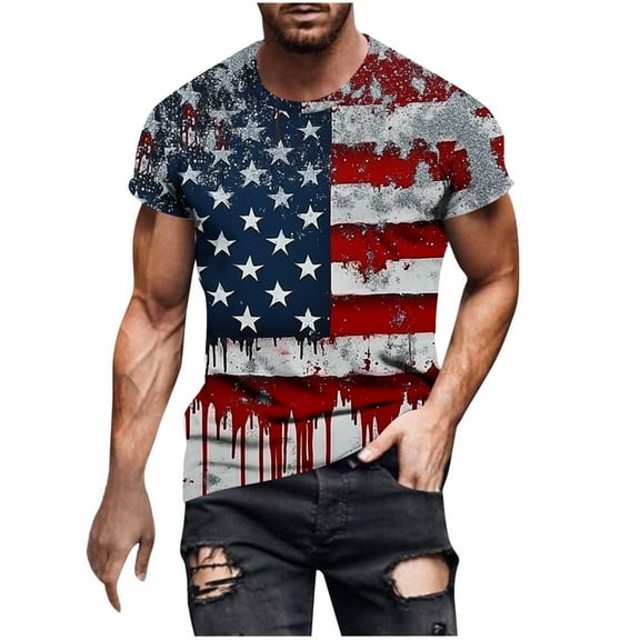 4th of July Patriotic Shirts for Mens Crew Neck Tee Short Sleeve Blouse Red Blue White Stars Tops Independence Day Tshirts American Freedom T-Shirts Sport Running Workout Shirt