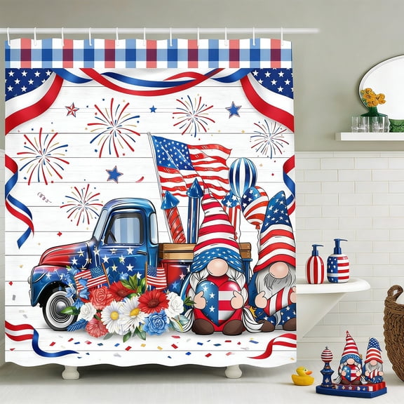 4th of July Patriotic Shower Curtain with Hooks,Farmhouse Gnomes Truck and Fireworks Print,Waterproof Fabric Bathroom Curtain for Independence Day Home Decor