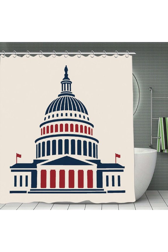 4th of July Patriotic Shower Curtain US Capitol Building Icon Bathroom Decorations for Independence Memorial Day & Veterans Day Celebrations with Hooks