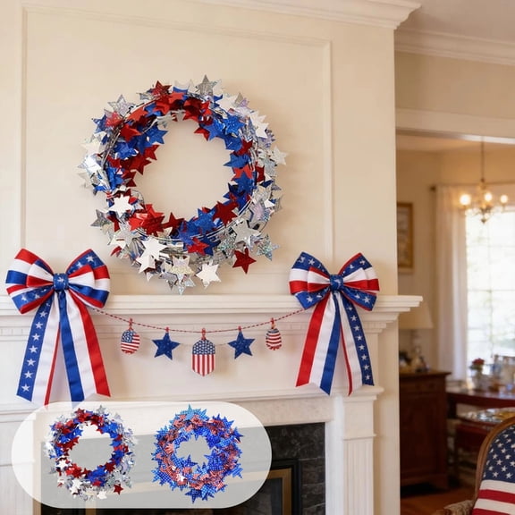 4th of July Patriotic Star Garland, Red White Blue Rattan Wire Framed Star Streamer, UV-Resistant Flexible Festive Decor for Independence Day Party Wall Door Porch Mantel Tabletop, A