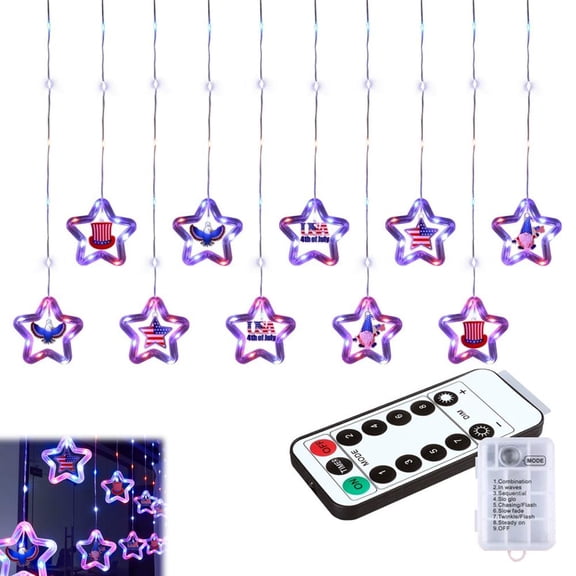 4th of July Patriotic Star String Lights with Remote Control,8 Dynamic Modes,10LED Patriotic Star String Lights for Memorial Days Presidents Day Independence Day