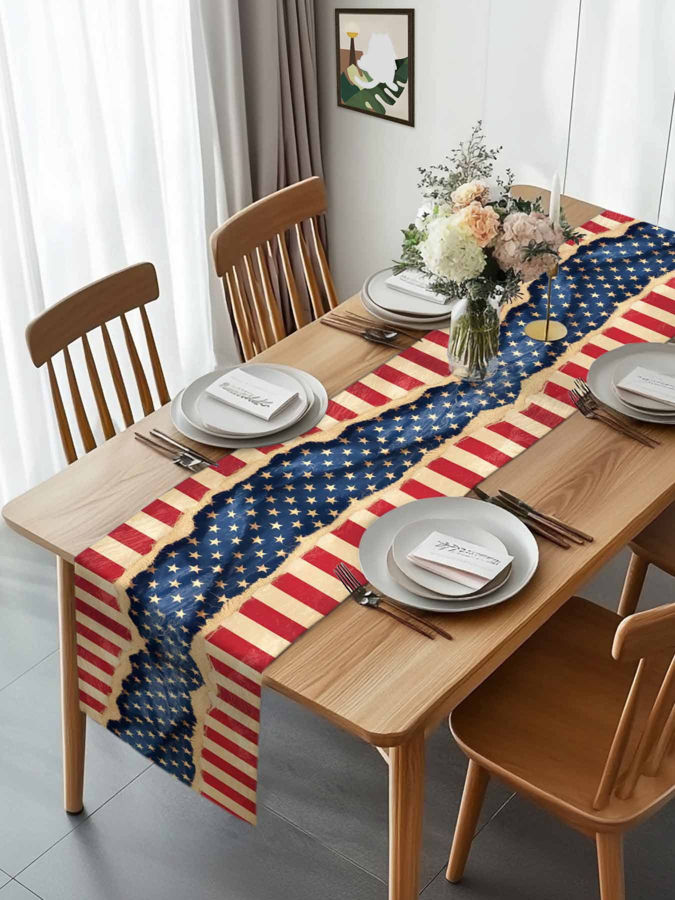 4th of July Patriotic Star Stripe Table Runner 90 Inches Long, Retro USA Flag Memorial Day Table Runners Tabletop Scarf Kitchen Dining Tables Decoration for Home Party Indoor Outdoor