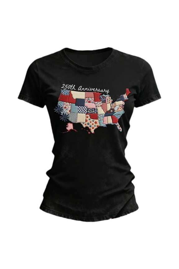 4th of July Patriotic T-Shirts for Women 250th Anniversary USA Flag Map Print Retro Floral Embroidery Short Sleeve Crewneck Independence Day Casual Tees, #01 Black, L