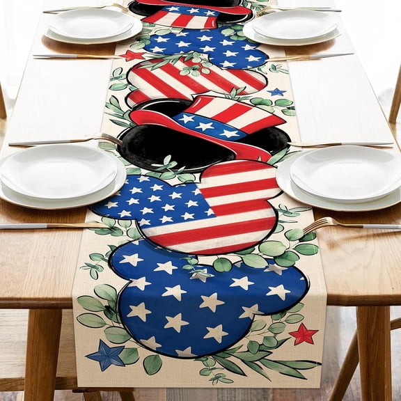 4th of July Patriotic Table Runner, America Eucalyptus Leaves Stars Stripes Kitchen Dining Table Decoration, American USA Burlap Indoor Outdoor Home Decor Party Supply 13.8x90 Inches