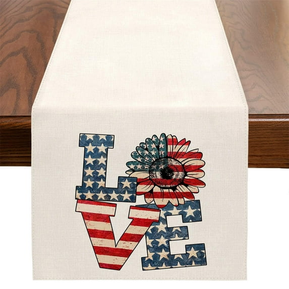 4th of July Patriotic Table Runner, American Flag Theme 100% Flax Linen Indoor Outdoor Kitchen Dining Table Decor, Holiday Centerpiece for Home Party Decorations C